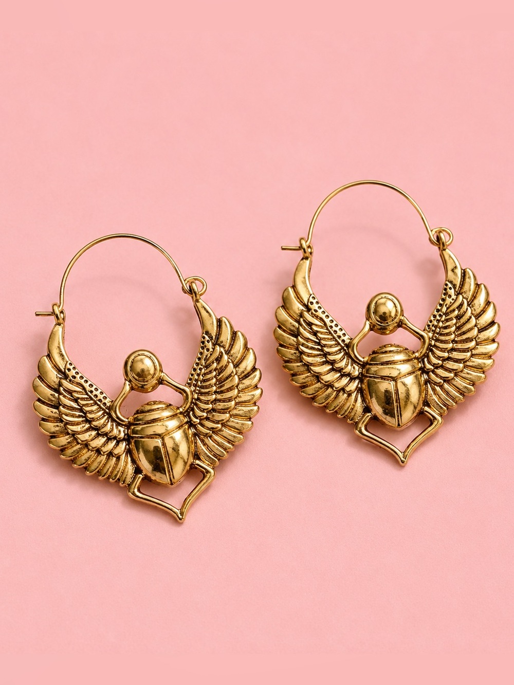 Gold Winged Scarab Hoop Earrings - Picture 1 of 2
